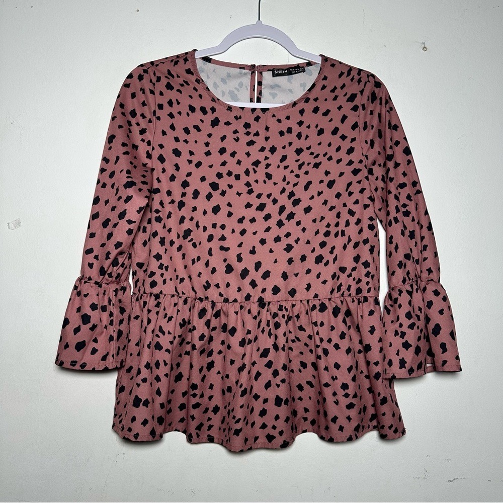 Pink Dalmatian Print Peplum Top Ruffle 3/4 Sleeve Keyhole Back XS US 2 - Picture 1 of 9